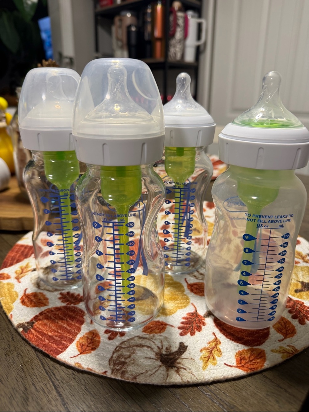 Dr Brown Bottles with Green Vent Inserts - 3 glass 1 plastic.